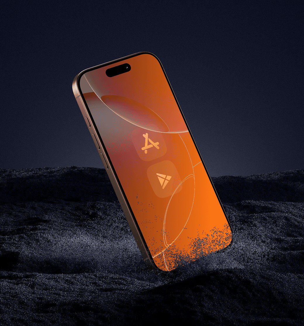 iPhone showing the App Store, emerging from a dark wave