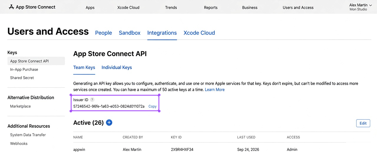 Issuer ID highlighted above the API keys list.