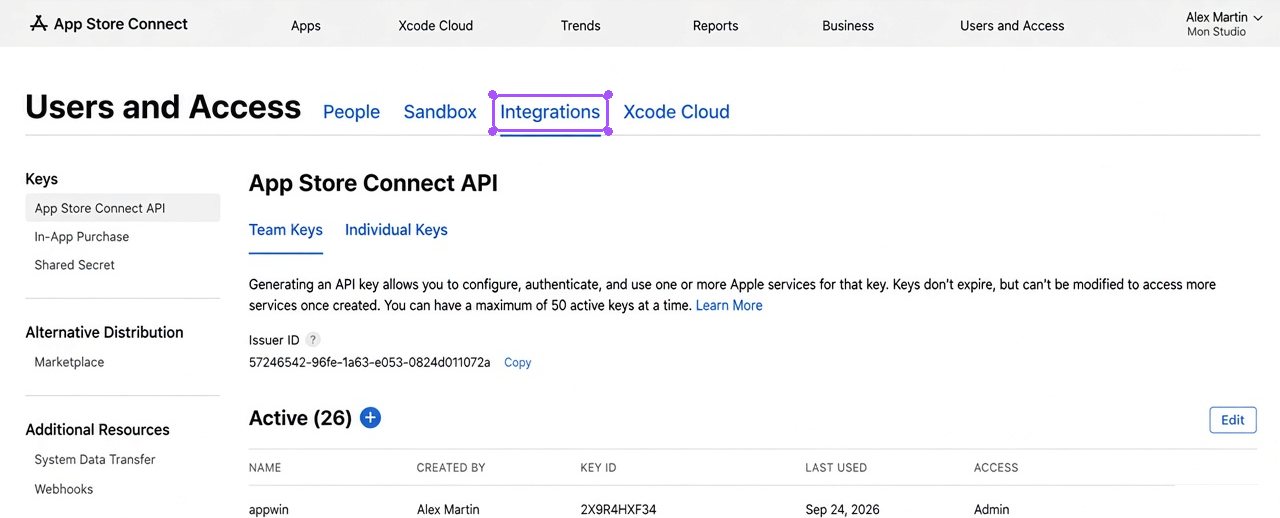 App Store Connect Integrations tab, API section.