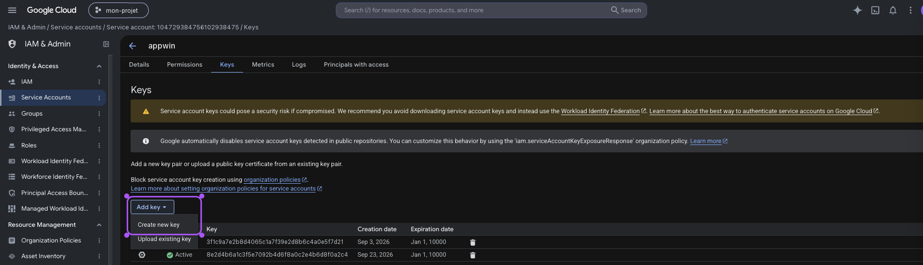 Creating a JSON key for the service account.