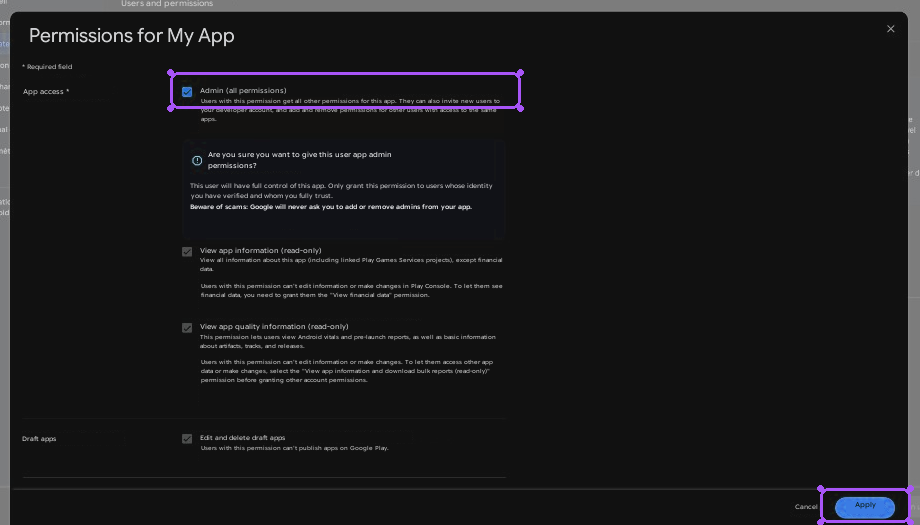 Choosing Play permissions for the service account.