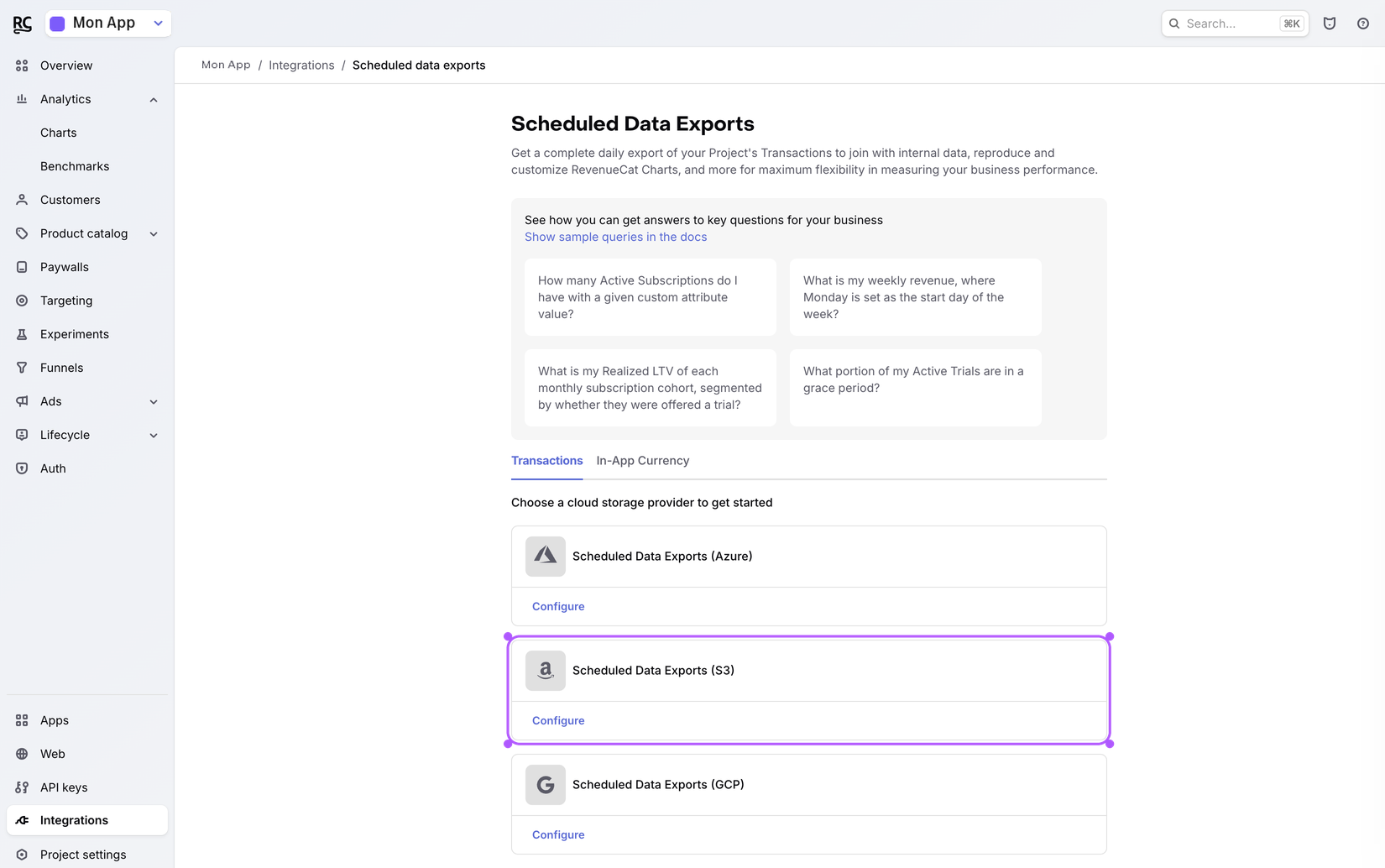Scheduled Data Exports provider picker, S3 option.