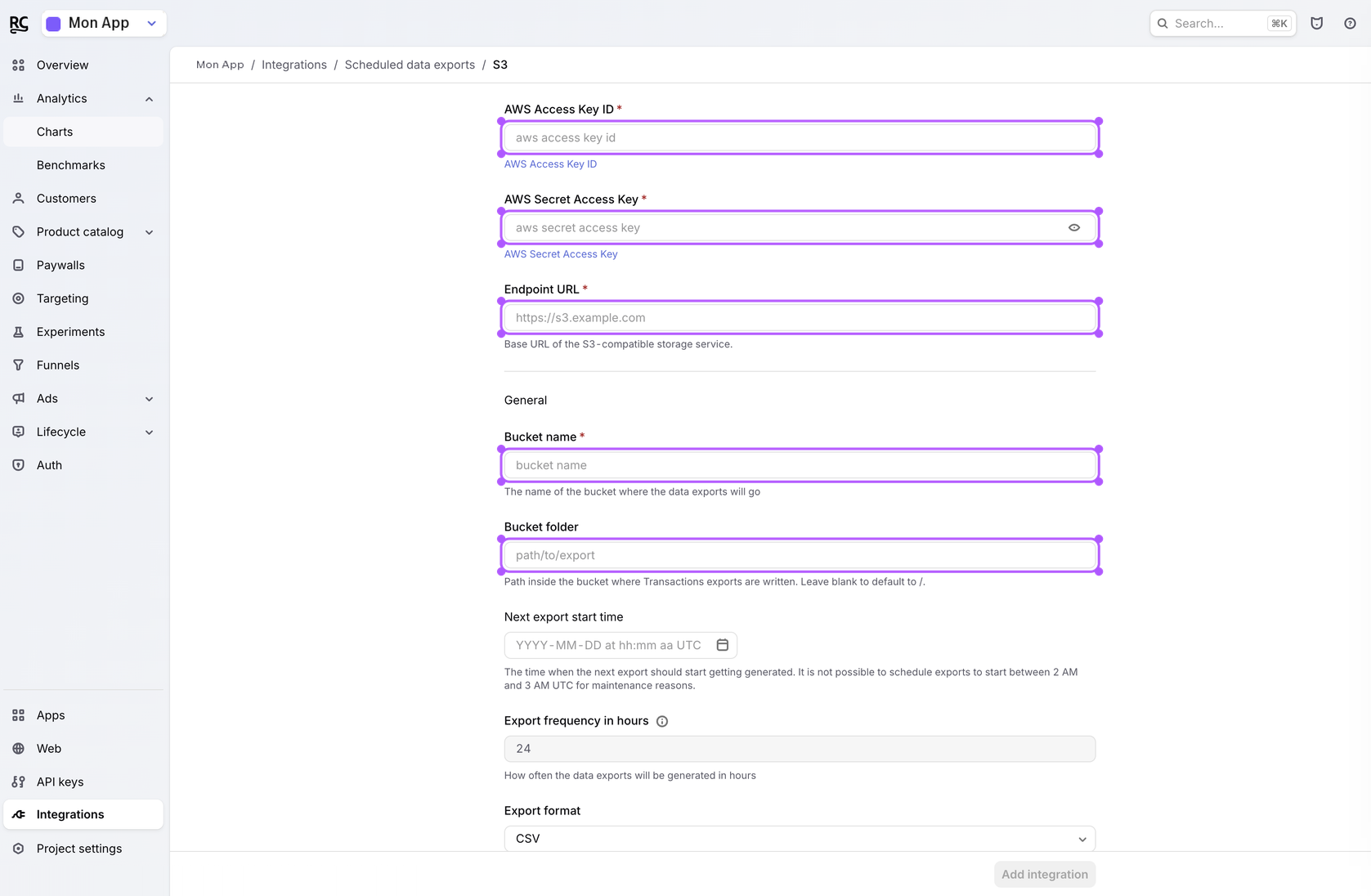 RevenueCat S3 form: keys, endpoint, bucket, and folder.