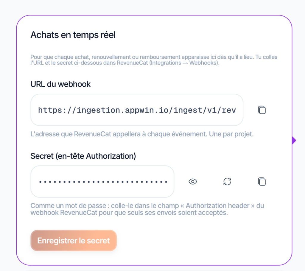 Appwin card with RevenueCat webhook URL and secret.