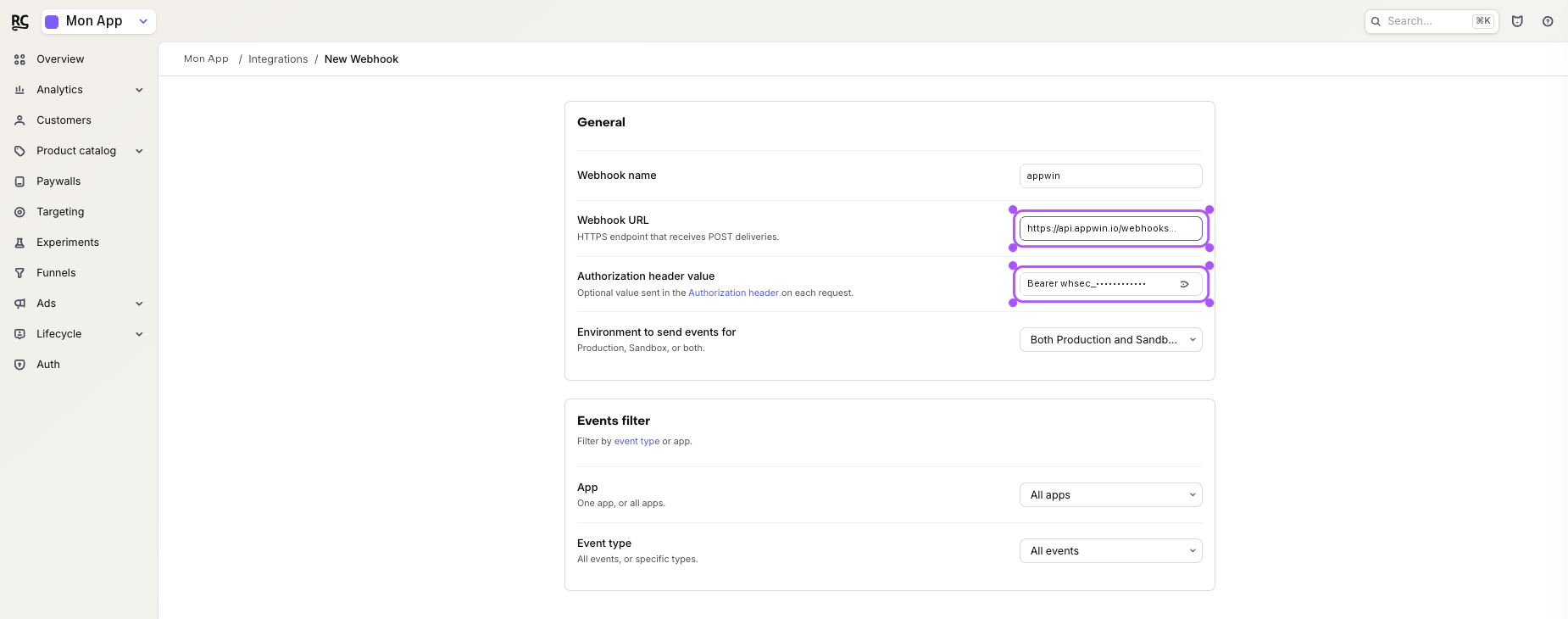 RevenueCat webhook configuration screen.