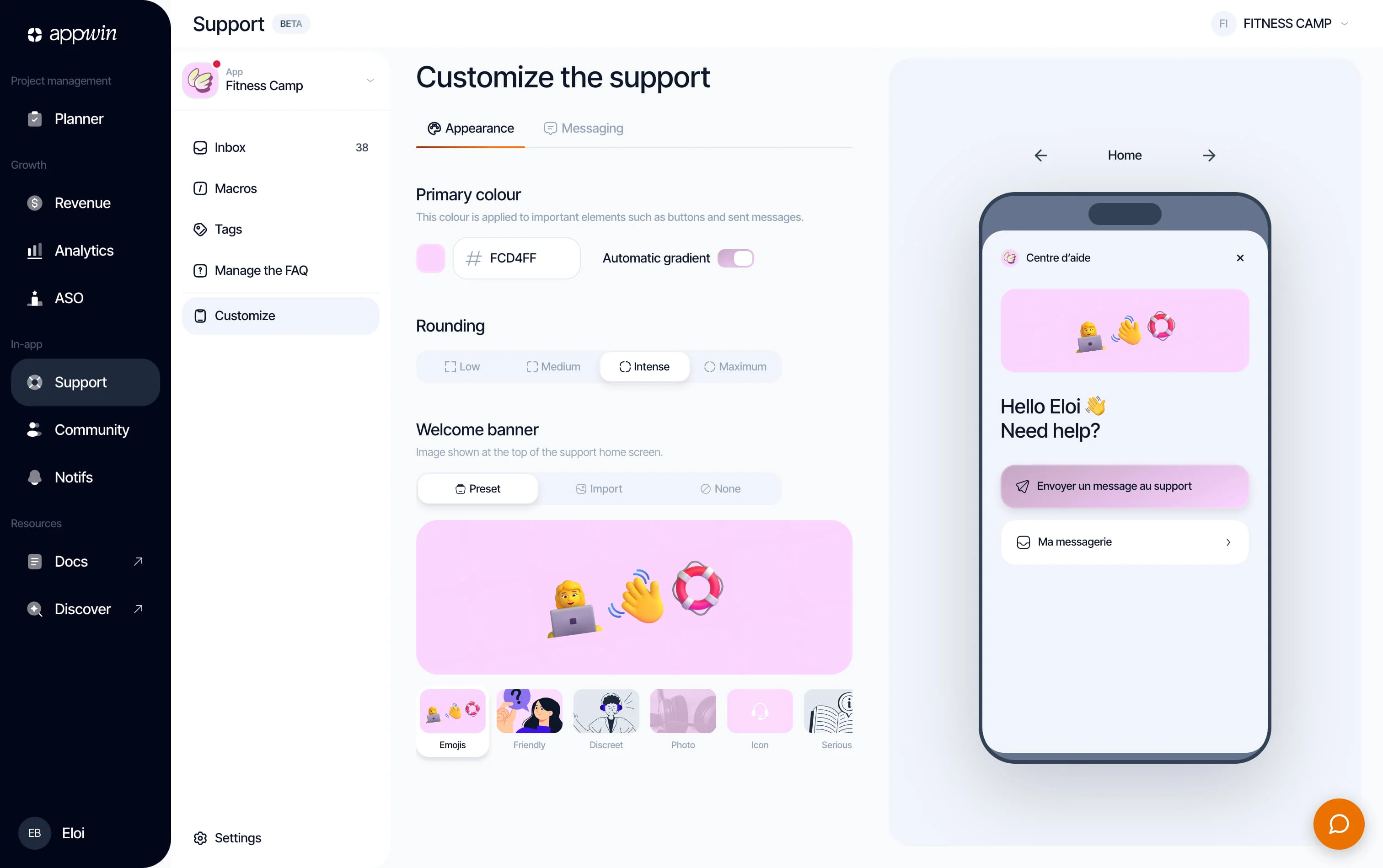 The Support customization page in the Appwin dashboard: primary colour, rounding and welcome banner, with a live preview of the messenger home screen on a phone.
